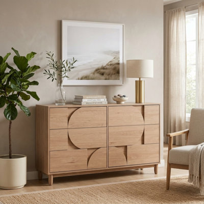 Commode à 6 tiroirs de style Mid-Century, 140 cm de large, en chêne clair avec façades de tiroirs incurvées uniques, meuble de rangement multifonctionnel pour chambre, salon ou couloir.