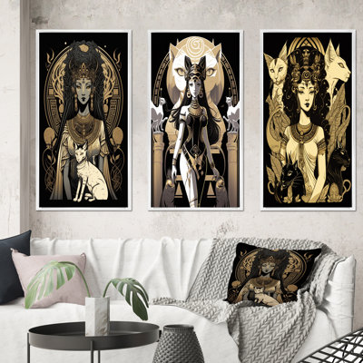 Glamorous Goddes White Cats Retro Illustration - Animals Cat Art Set Of 3 Pieces