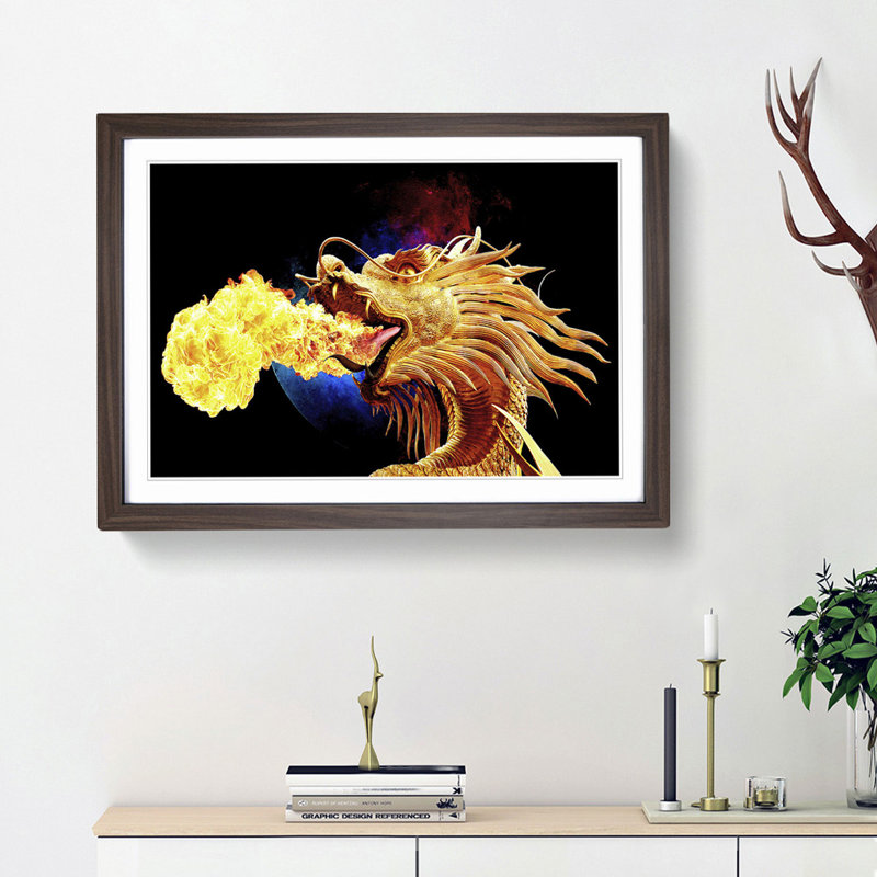 Golden Dragon - Picture Frame Graphic Art Print, 48cm H x 65cm W x 2cm D, Walnut Framed