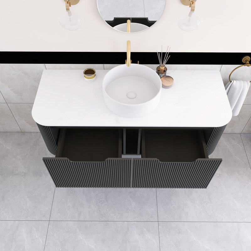 48 po Meuble-lavabo mural simple flottant noir avec dessus en marbre artificiel, Noir