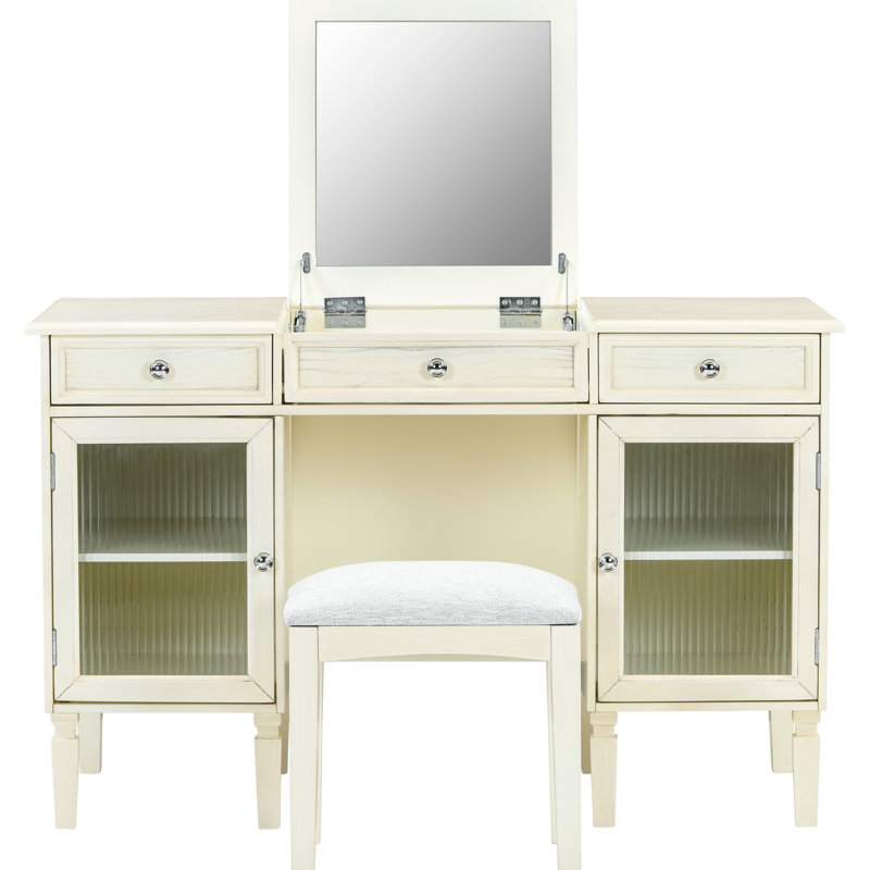 Coiffeuse 2 en 1 avec miroir pliable caché, deux tiroirs latéraux et armoires pour bureau à domicile