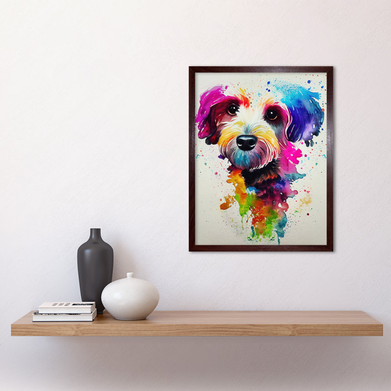 Ink Splatter Cockapoo Dog Watercolour - Print, Brown Framed Paper, 43cm H x 33cm W x 2cm D