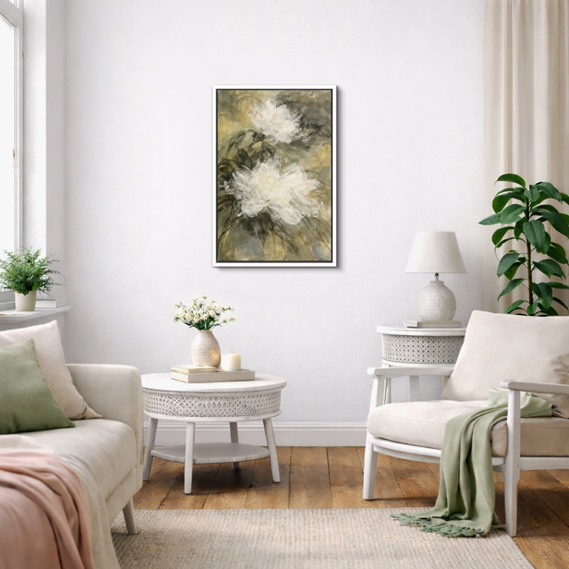 «Neutral White Floral Abstract Art», images de chambre à coucher, impression sur toile encadrée, Cadre flottant blanc