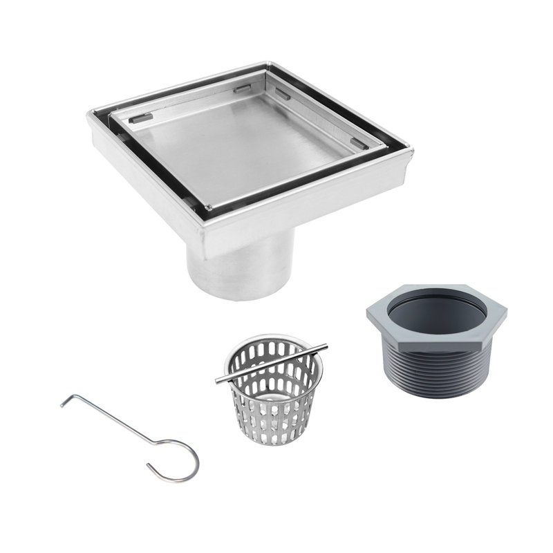 4 In. X 4 In. Stainless Steel Square Shower Drain With Tile-In Pattern Surface And PVC Drain Base