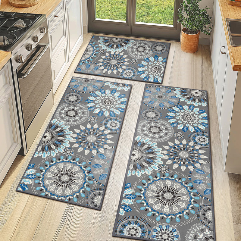 Tapis de cuisine antidérapant 3 pièces Mcnish, Bleu / gris / beige