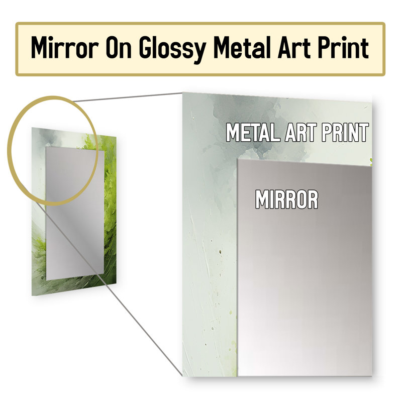 «Green and White Whsipering Abstract Spiral I», miroir décoratif spirales abstraites, miroir mural vert, impression sur métal