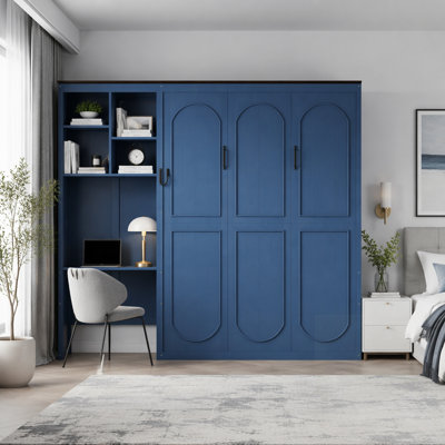 Lit escamotable avec bureau intégré, appliques murales et armoire de rangement multicouche, peu encombrant et élégant