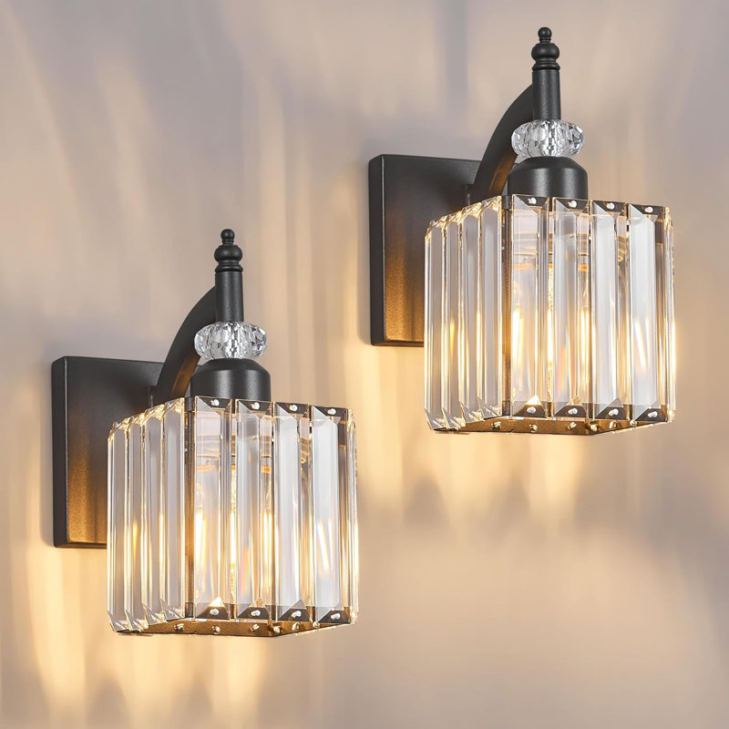Modern Crystal Wall Sconces Set Of Two With Black And Gold Finish, Indoor Wall Mounted Lighting For Bathroom Vanity And Room Decor