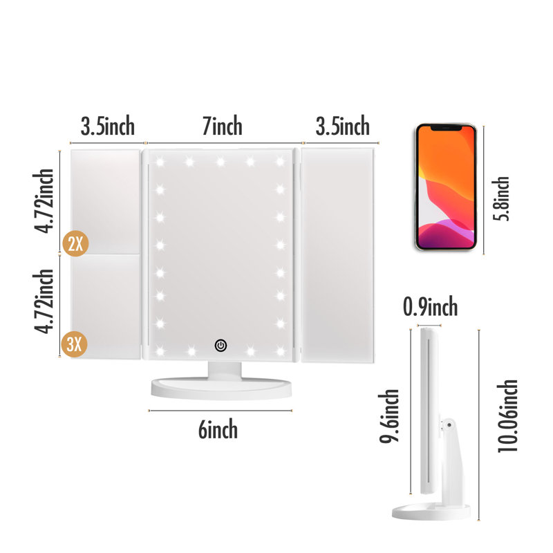 Miroir de maquillage grossissant à trois lumières DEL Modern Modern, Blanc