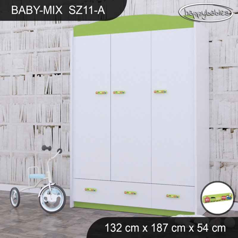 Baby 3 Door Wardrobe, Green/White/Green