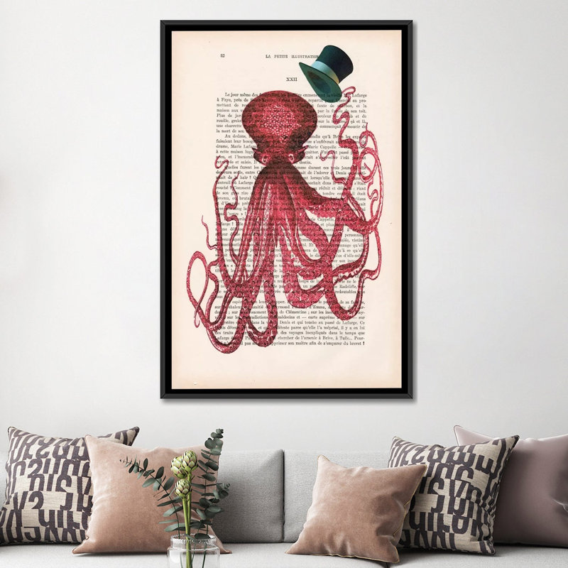 «Vintage Paper Series: Octopus with Hat», impression sur toile, H 60 po x l 40po x P 1,5 po, Toile avec cadre noir