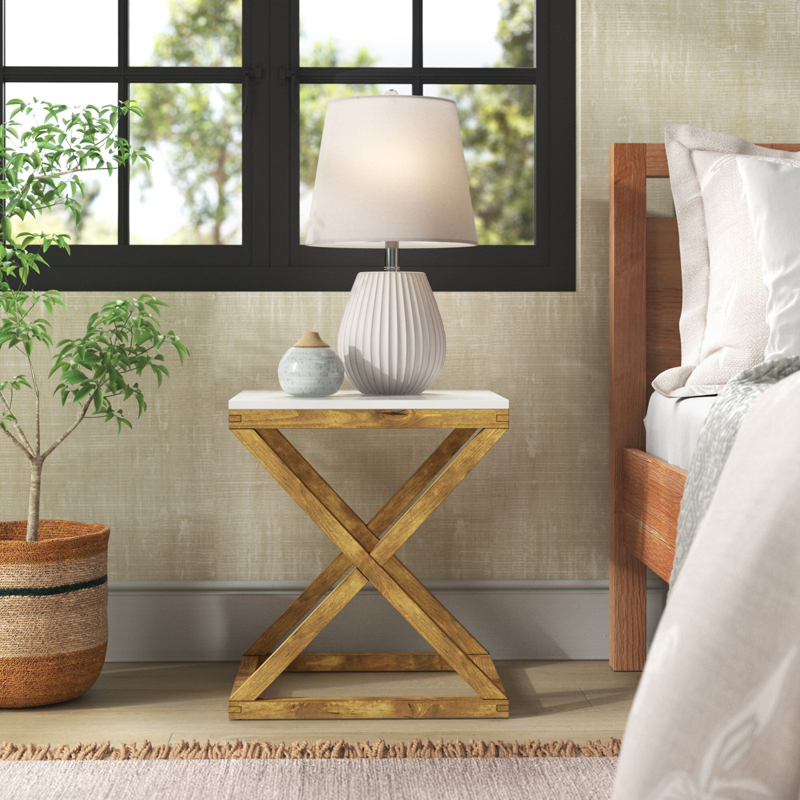Lewis 18" Genuine Marble End Table, White/Natural