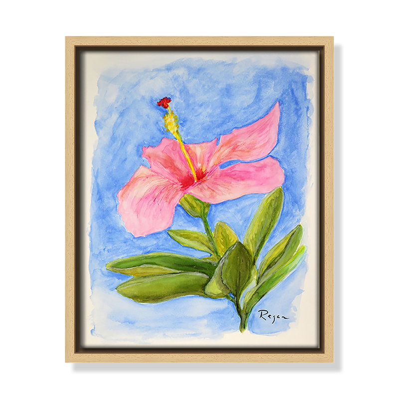 «Pink Hibiscus Blossom», reproduction d'art sur toile encadrée en bois naturel par Mike Ragan , H 11,5 po x l 9,5 po, Naturel