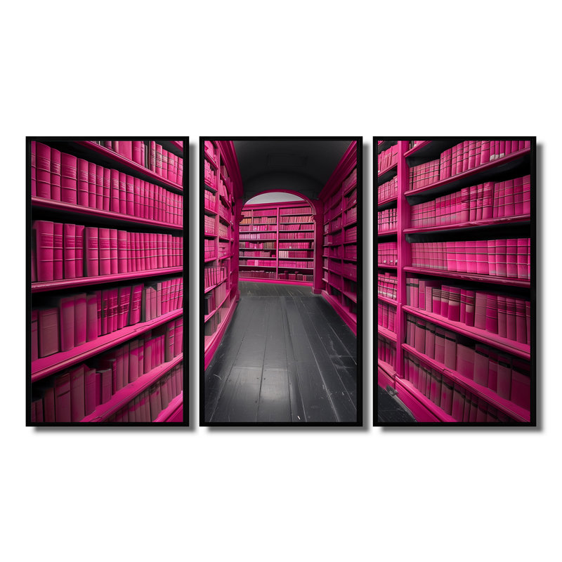 Ensemble de salon bibliothèque et bibliothèque rose, H 32 po x l 48 po x P 1 po, Toile avec cadre flottant noir