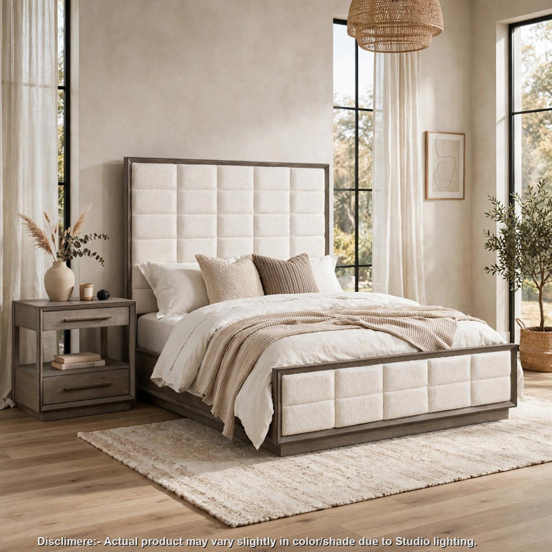 Ensemble de chambre à coucher King, capitonné, chêne brun, blanc, 2 pièces avec table de chevet