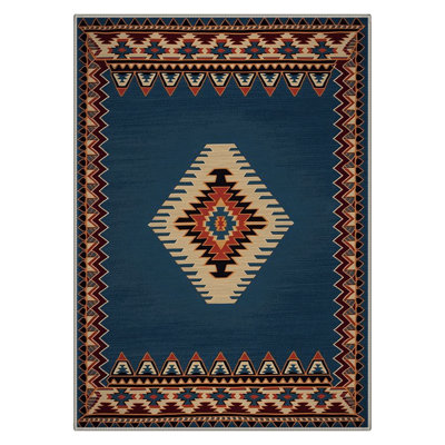Almaden Southwestern Tribal Medallion Machine Washable Blue / Beige / Red Indoor Area Rug with Non-Slip Backing