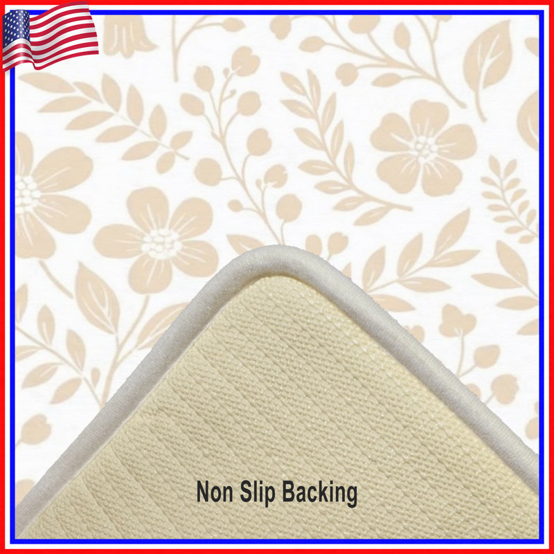 Tapis de bain à motif floral et botanique, L 34 po x L 21 po, Blanc / beige moyen