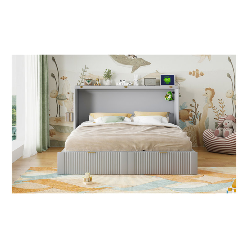 Grand lit escamotable avec tiroir et un ensemble de prises et de ports USB, structure de poulie, gris, Gris, Grand lit