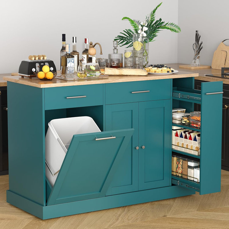 Îlot de cuisine sur roulettes avec rangement pour poubelle, table d'îlot portable pour la cuisine, Naturel / vert foncé