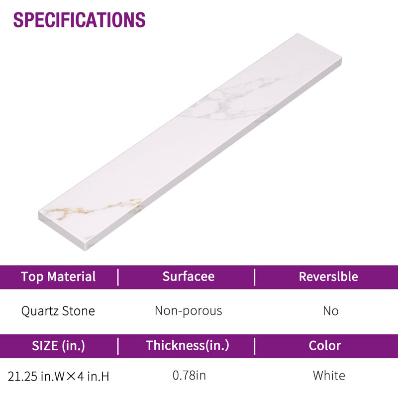 Dessus de meuble-lavabo latéral en pierre de quartz blanc 21,25 po avec veines de marbre doré