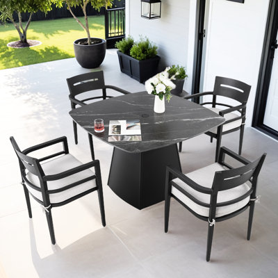 5 Outdoor Patio Dining , 44" Sintered Stone Table, Rust- Aluminum Base, Comfortable Armchairs Modern Aluminum, Ergonomic Armchairs, Fade- Cushions