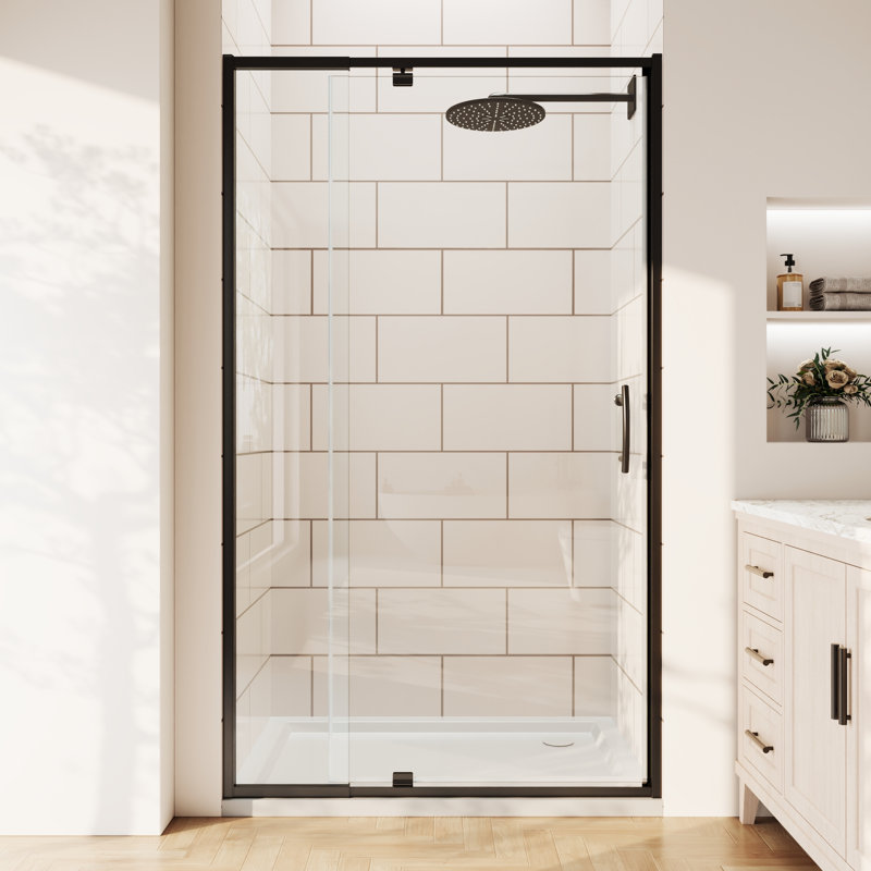 porte de douche pivotante semi-sans cadre avec verre trempé transparent 1/4 "l 38" -42 "x H 71" Privdr, Noir mat