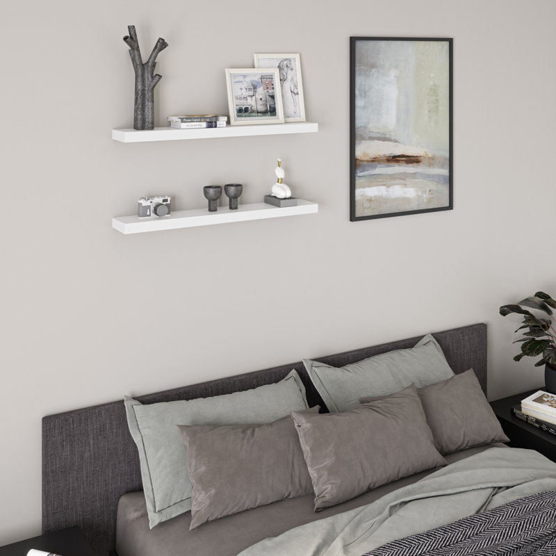White Veneered Wood Floating Wall Shelves Set of 2