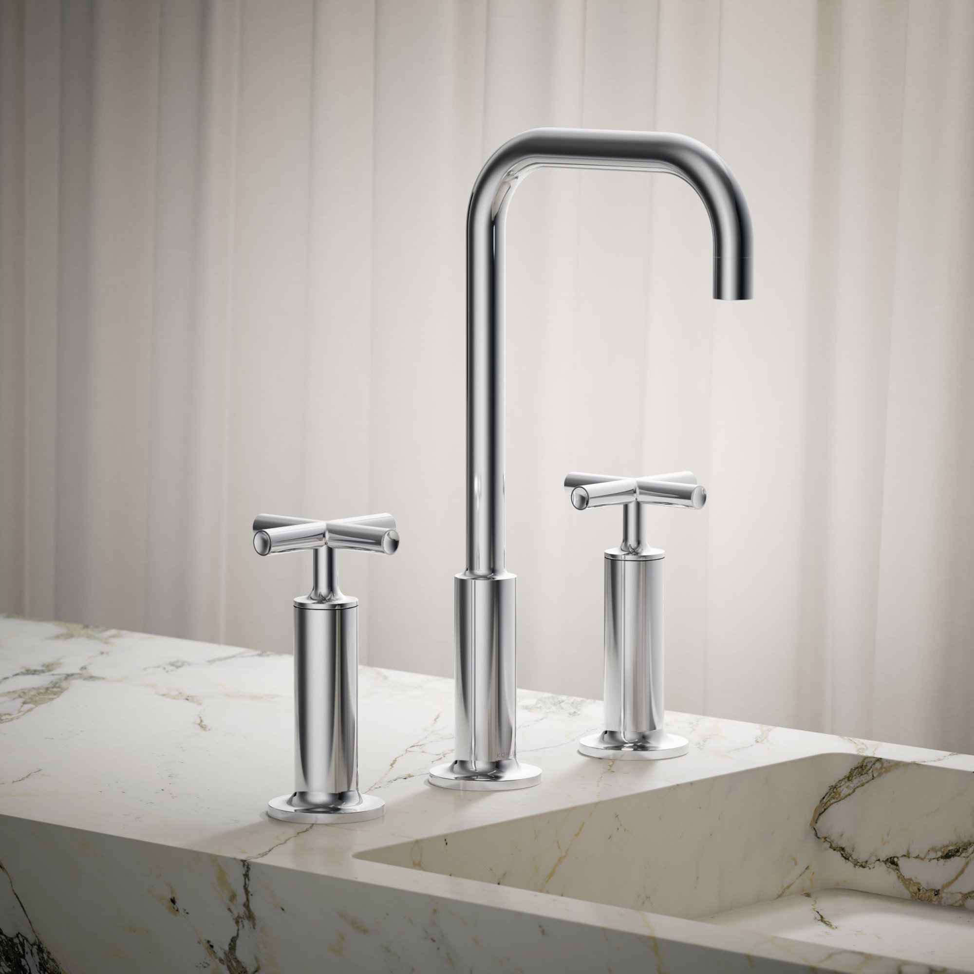 Purist Widespread Bathroom Sink Faucet with High Cross Handles and High Gooseneck Spout, Polished Chrome