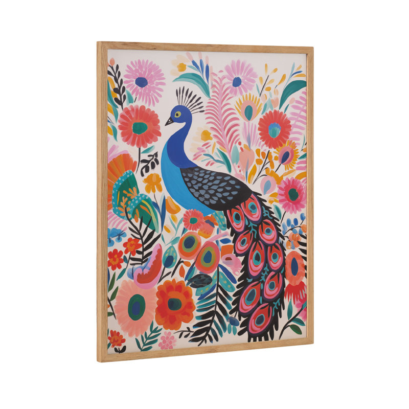 Art moderne paon vibrant moderne, Encadrement brun clair, H 16,65 po x l 20,65 po