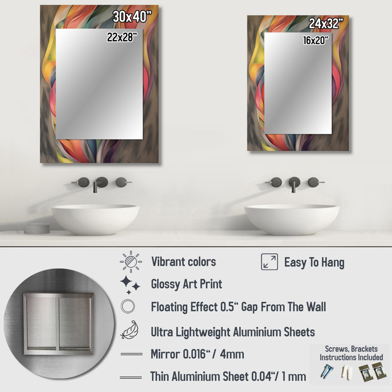 Vintage Colourful Pastel Leaves Watercolor Gray I - Abstract Painting Decorative Mirror, Modern Wall Mirror, Printed Metal Art