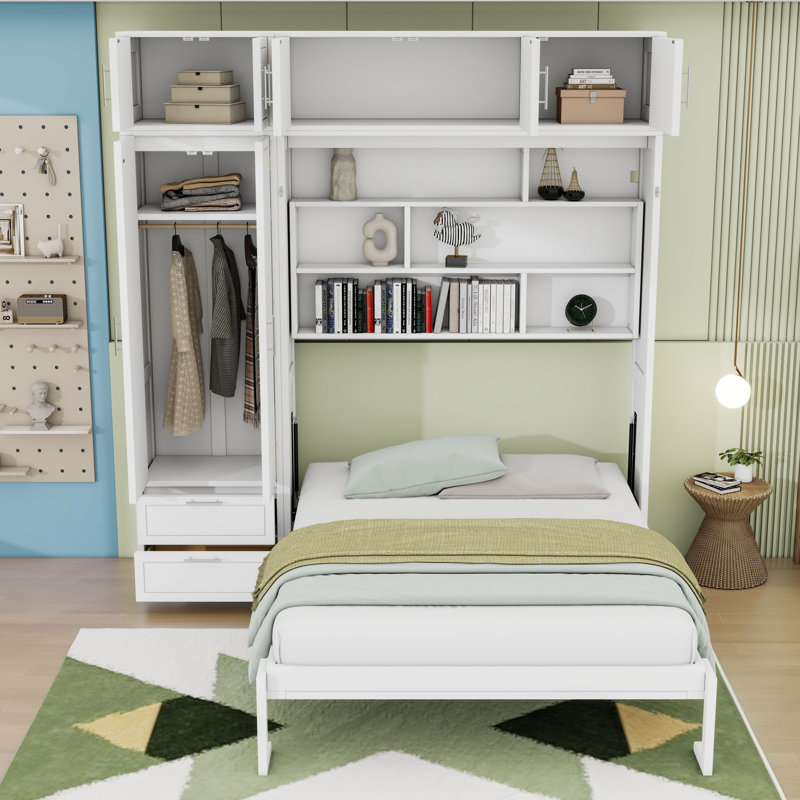 Lit escamotable avec armoire, tablettes et garde-robe Murphy, Blanc