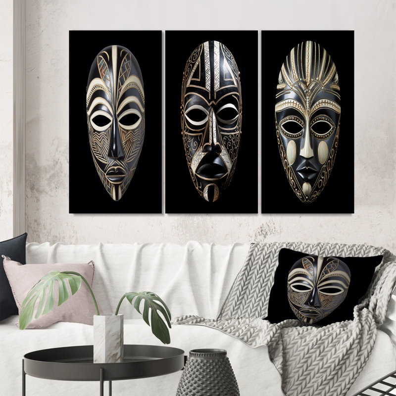 3 pièces sur toile - Masque africain traditionnel et traditionnel, Encadrement doré, H 40 po x l 60 po