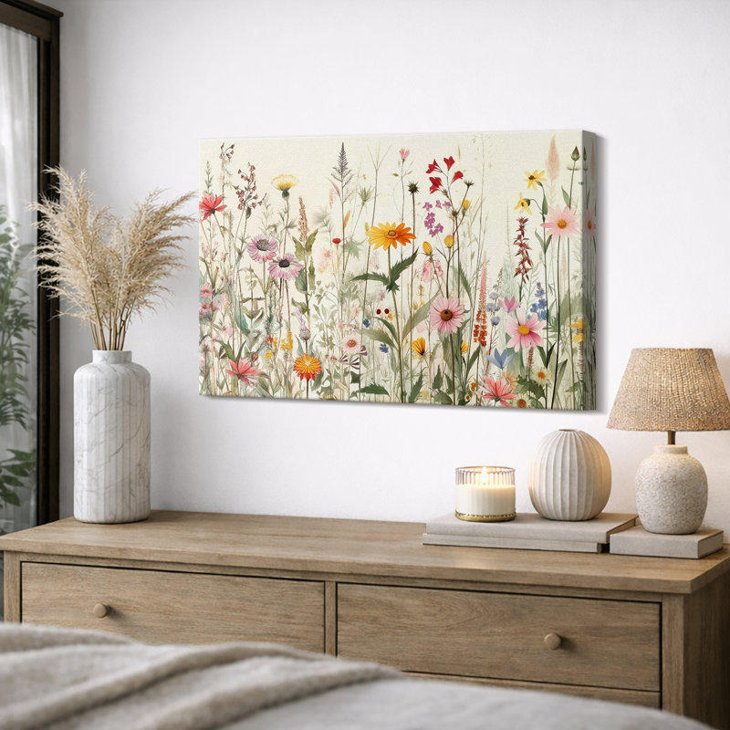 Vibrant Wildflower "Bright Daisy Floral Field Pictures, Spring French Country Living Room Artwork, Large Framed Canvas Print Wall Art"
