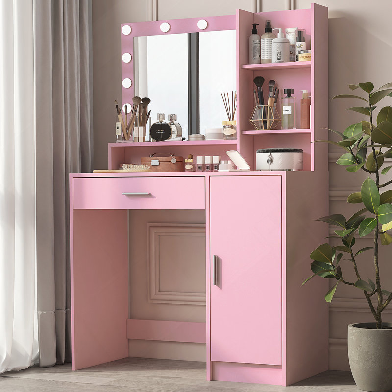 Bureau de coiffeuse avec miroir et lumière, commode de rangement à trois niveaux avec grand tiroir, 3 modes d'éclairage à luminosité réglable, coiffeuse de chambre à coucher