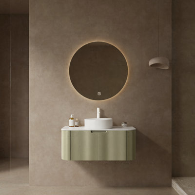 36" Bathroom Vanity with Sink, Modern Wall-Mounted Floating Curved Edges Striped Bathroom Storage Cabinet with a Drawer Round Ceramic Basin without Faucet, Pre-assembled