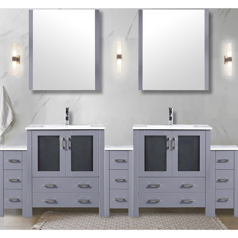 Meuble-lavabo double gris foncé de 96 po En largeur, avec armoires latérales, surface en céramique blanche, structure en bois massif, tiroirs à fermeture en douceur, deux armoires et treize tiroirs pour un rangement substantiel