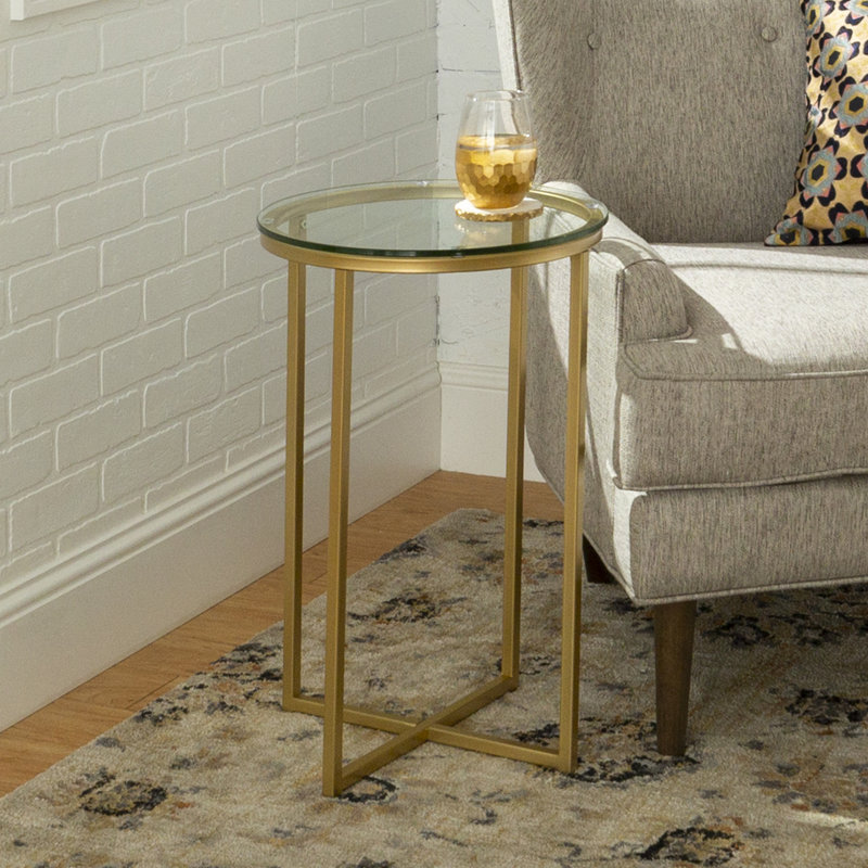 Leverette Glass Top Cross Legs End Table, Clear/Gold