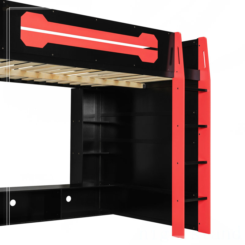 Lit mezzanine double en bois avec bureau, Rouge