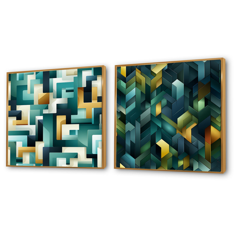 Cubes Oasis géométriques III - formes abstraites, ensemble de 2 carrés, Cadre flottant doré, H 16 po x l 33 po