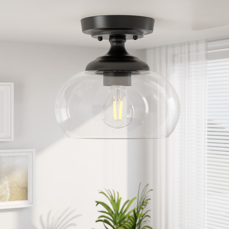 Plafonnier semi-encastré avec abat-jour en verre, Noir mat