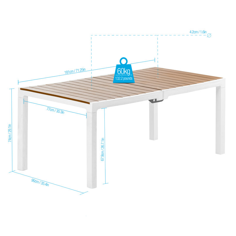 Armbrister Plastic Dining Table, Teak Top/White Base, 29.1" H x 71.25" W x 35.4" D