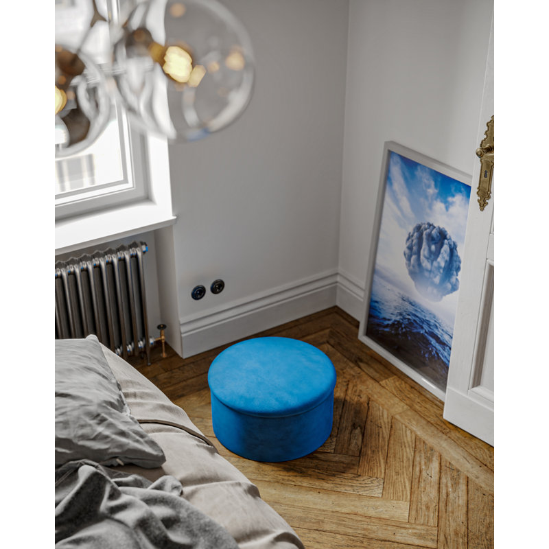 Rasch 56cm Wide Velvet Round Solid Colour Ottoman with Storage, Blue