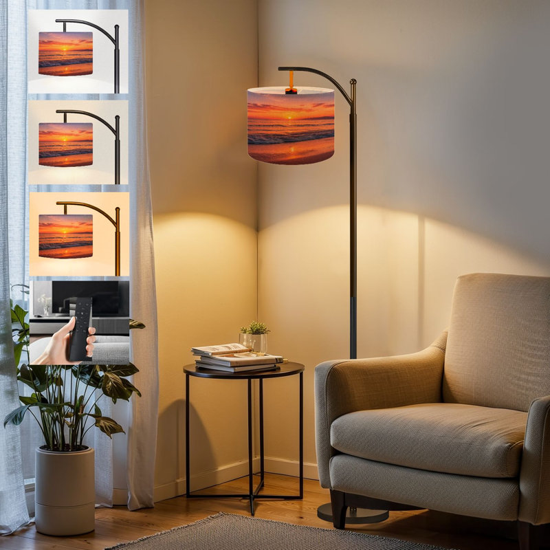  Arc Floor Lamp Colorful sunset viewed from pink sea beach soft Tall Modern Standing Lamp LED Adjustable Linen Lampshade 3 Color Temperatures