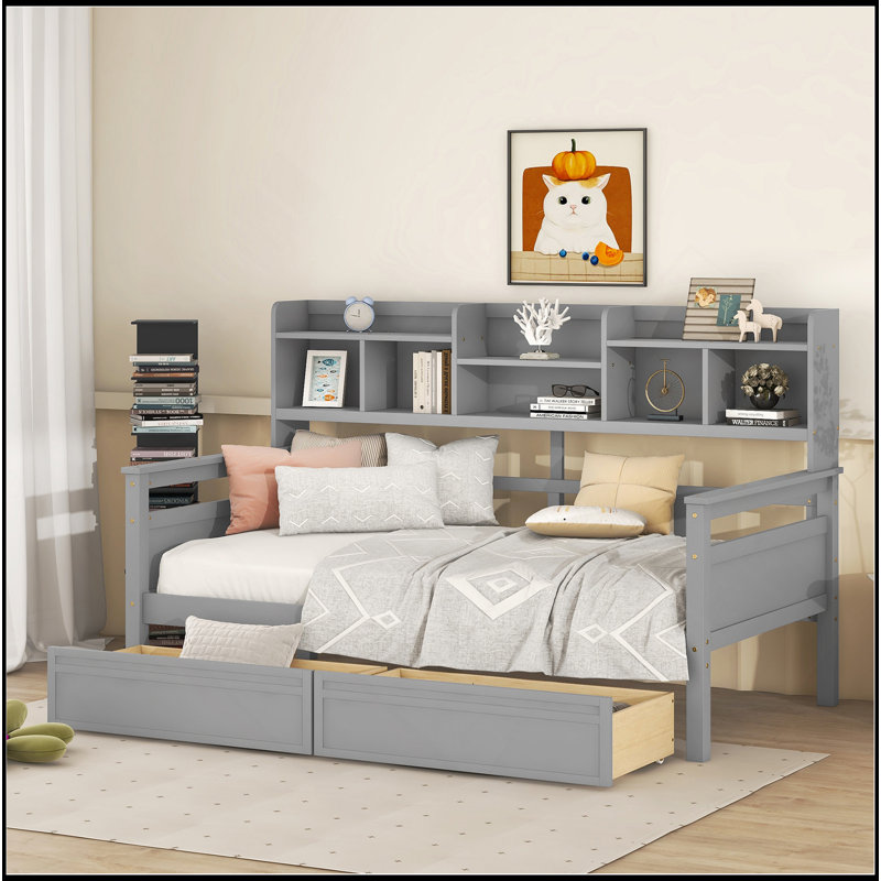 Lit de jour, support en lattes de bois, avec tablettes de chevet et deux tiroirs, Lit simple