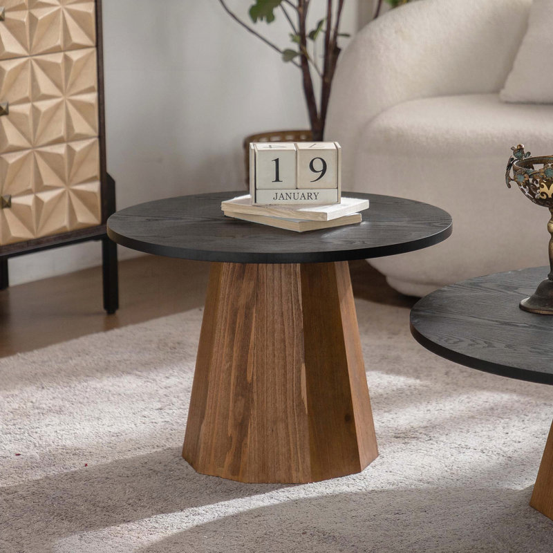 Table basse ronde avec placage à motif d'écorce véritable - Piédestal robuste