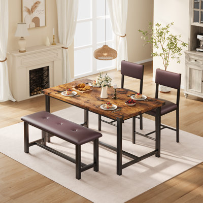 Classic Style 5-Piece Dining Table Set for 4 - Upholstered Bench & 2 Padded Chairs - Rectangular Kitchen Table, Space-Saving Design, Easy Assembly, Pe