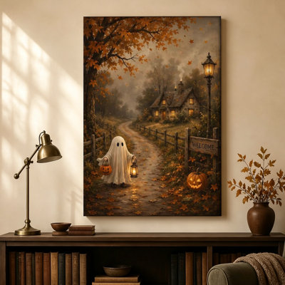 Fantôme amical avec lanterne citrouille - Décoration murale Chemin de chalet d'Halloween, impression sur toile tendue de 91 cm (H) x 61 cm (L), prête à accrocher pour le salon, la chambre ou le bureau à domicile