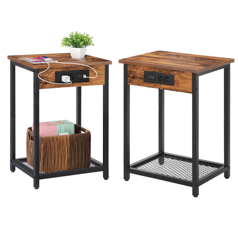 Fika End Table Set and Built-In Outlets, Brown/Black