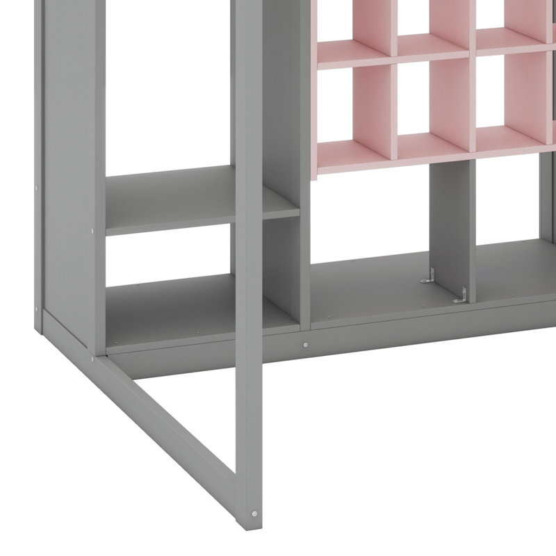 Lit mezzanine en bois avec garde-robe, tablettes et armoire, Double, Gris / Rose