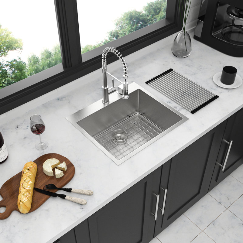 Kitchen Sink 28X22x10 28" - Stainless Steel Single Bowl Topmount, 16G T304, Reduced Noise Level, Unobstructed Drainage, R10 Corner, Brushed Nickel Sound Control Pad, Drainage Way,